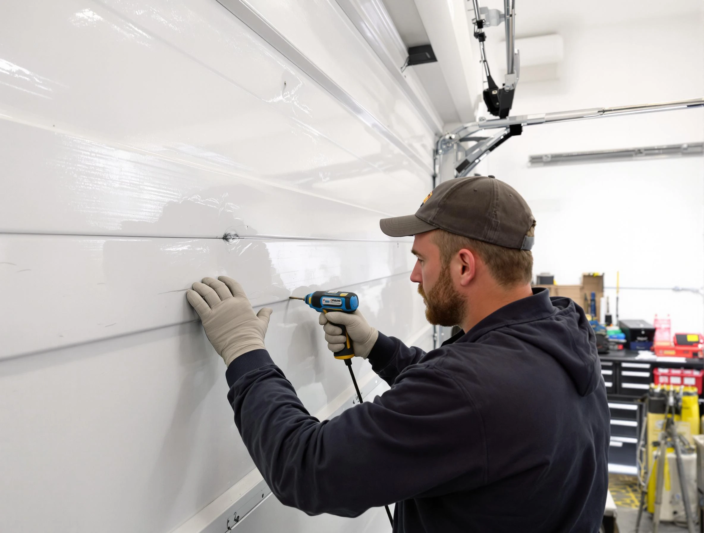 Jersey City Garage Door Repair technician demonstrating precision dent removal techniques on a Jersey City garage door